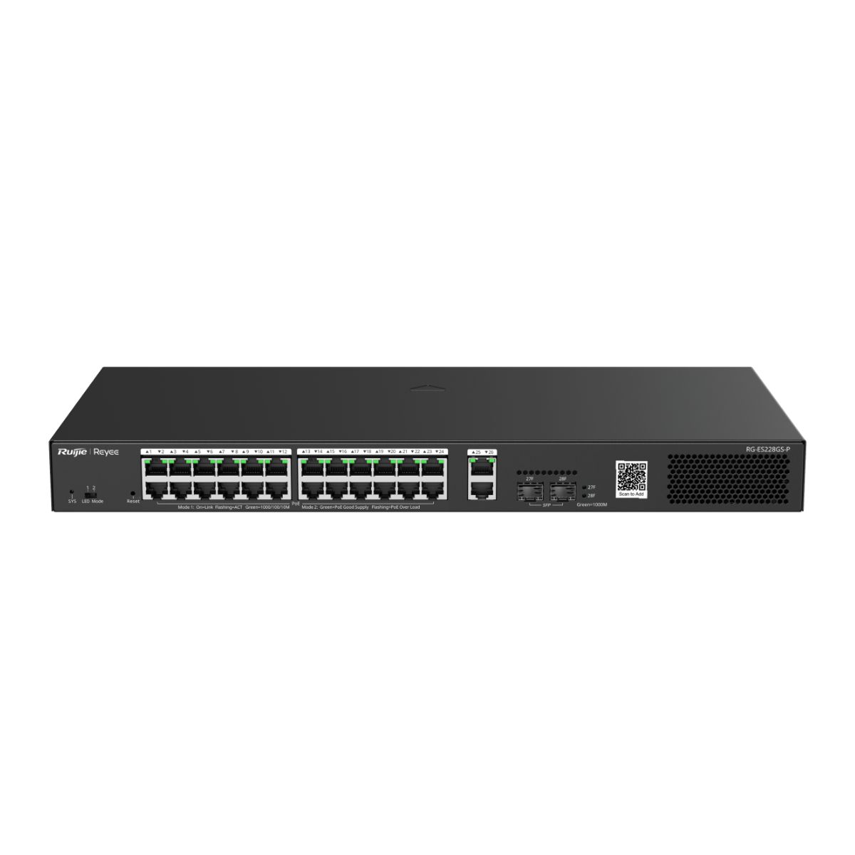 Switch PoE 28 cổng Reyee RG-ES228GS-P 24 cổng 10/100/1000M PoE/PoE+, 2 cổng uplink 1000 RJ45, PoE 370W, 56 Gbps