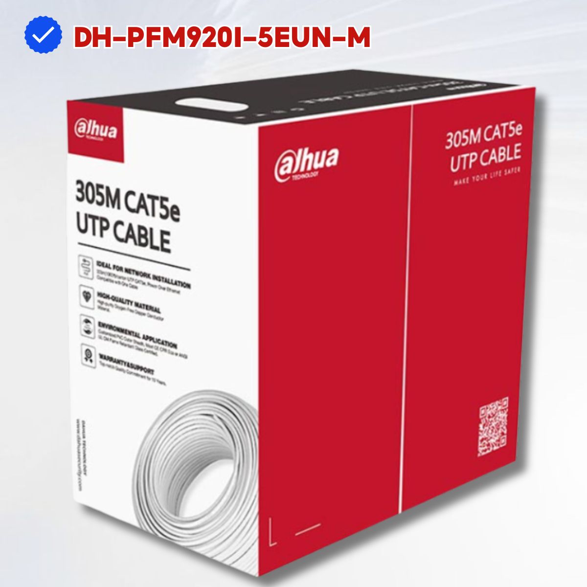 Cáp mạng UTP CAT5e Dahua DH-PFM920I-5EUN-M 305m, Đường kính lõi 0.45mm ± 0.01mm, Lõi đồng 99.97% Nguyên chất, Chống cháy PVC
