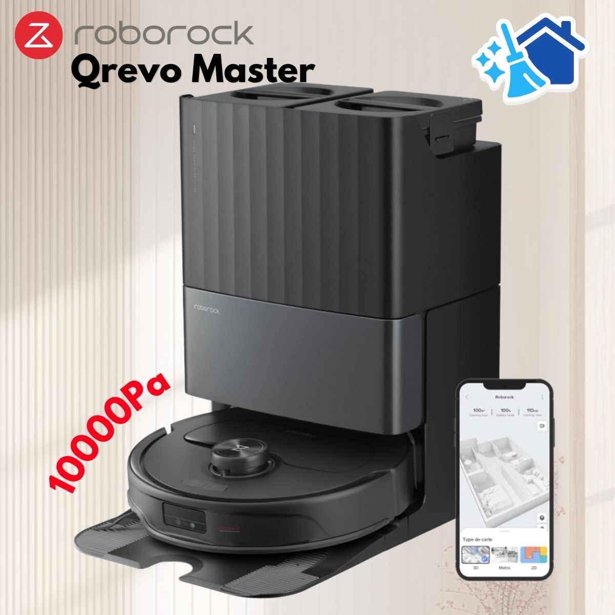 Robot Hút Bụi Lau Nhà Roborock Qrevo Master, Lực hút 10.000 Pa, Chống rối tóc - lông thú, Lưu trúc bản đồ, Điều khiển qua ứng dụng