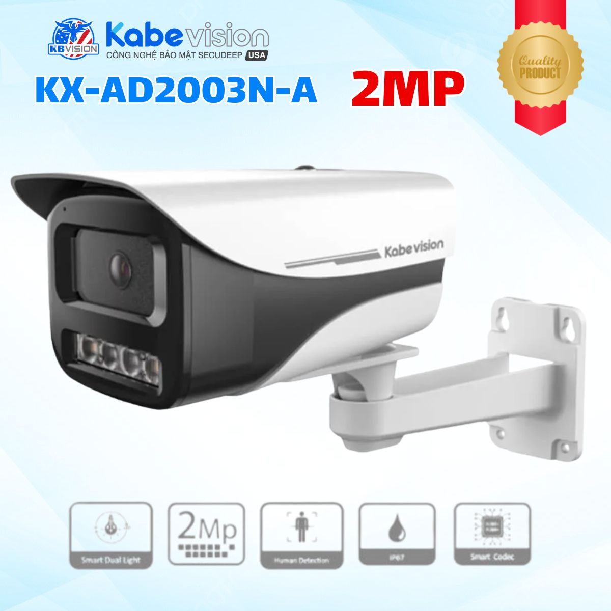 Camera IP Thân cố định ngoài trời Kabevision KX-AD2003N-A 2MP Hồng ngoại 80m, Hỗ trợ PoE & Mic, Nhận diện người, Chống ngược sáng thực WDR,  IP67