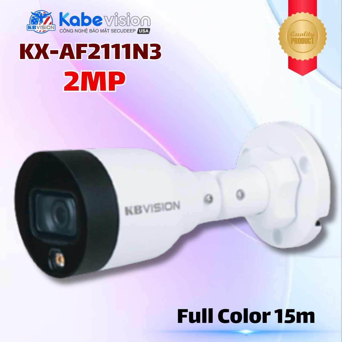 Camera IP Full Color 15m Kabevision KX-AF2111N3 2MP - Ghi hình màu 24/7, Cảm biến Sony SNR1s, Hỗ trợ PoE, Chuẩn nén H.265+