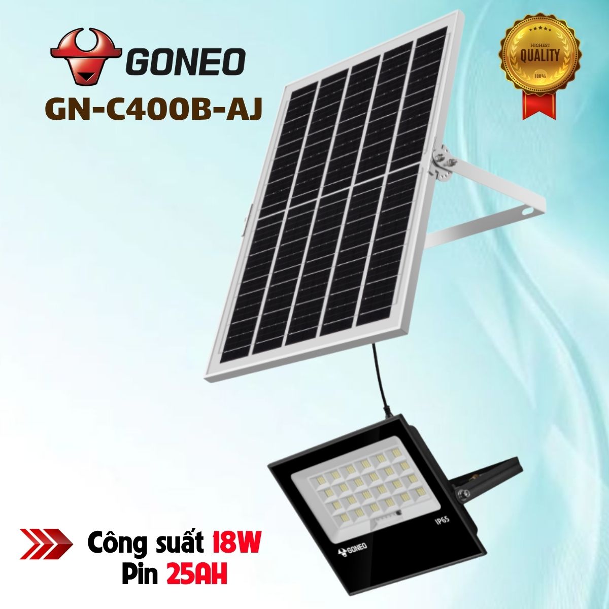 Đèn pha năng Năng Lượng Mặt Trời Goneo GN-C400B-AJ 18W Độ sáng 2500lm, Pin 25Ah, Vỏ kháng UV, CHiếu sáng ≥ 24h, Chống nước IP65