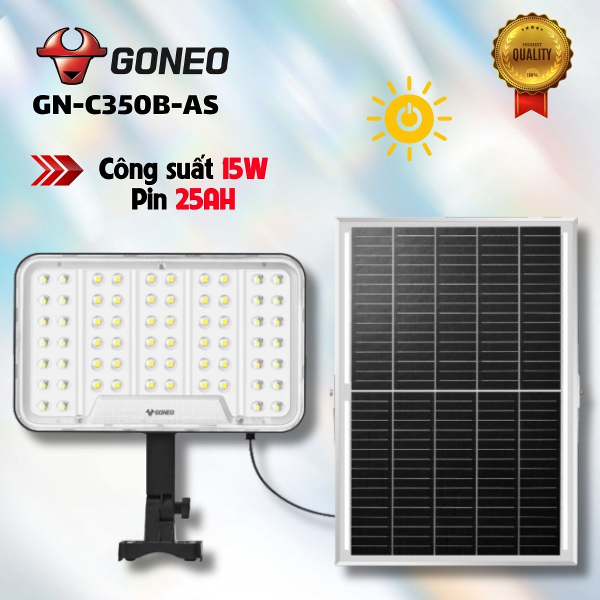 Đèn pha năng Năng Lượng Mặt Trời GONEO GN-C350B-AS 15W, Quang thông 2100lm, Dung lượng pin 25AH, IP66