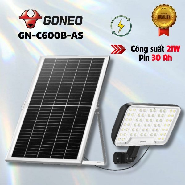 Đèn năng lượng mặt trời GONEO GN-C600B-AS - Công suất 21W, 64 chip LED 5054, Pin lưu trữ 30Ah, Chiếu sáng liên tục 24h, ip65