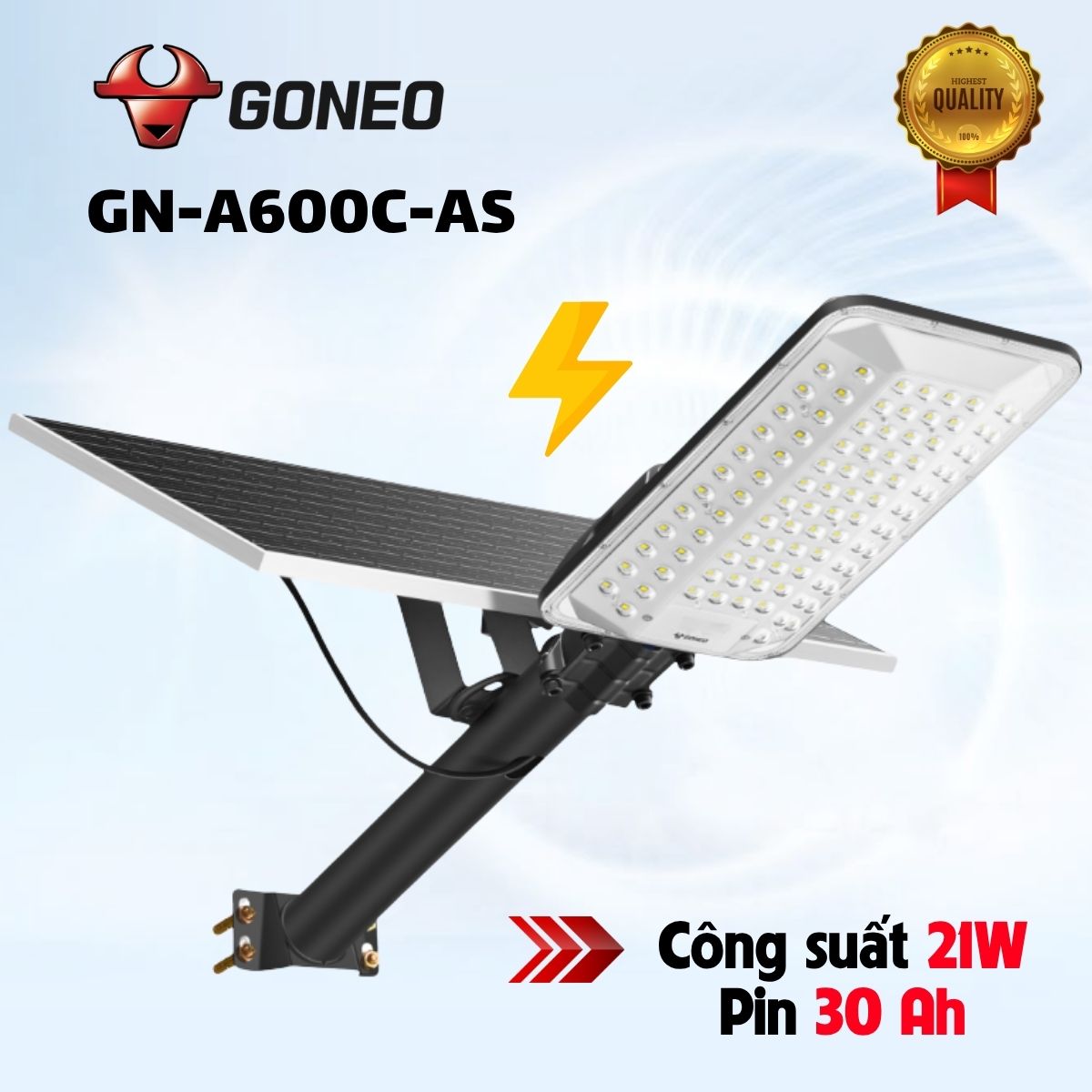 Đèn đường năng Năng Lượng Mặt Trời GONEO GN-A600C-AS 21W, Cảm biến & điều khiển từ xa, Pin lưu trữ 30 Ah, Tấm Pin Silicon đơn tinh thể, IP65