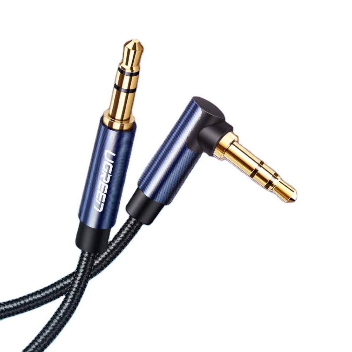 Cáp audio âm thanh AUX 3.5mm bện Nylon bẻ góc 90 độ dài 1M Ugreen 60179 cao cấp (Blue)