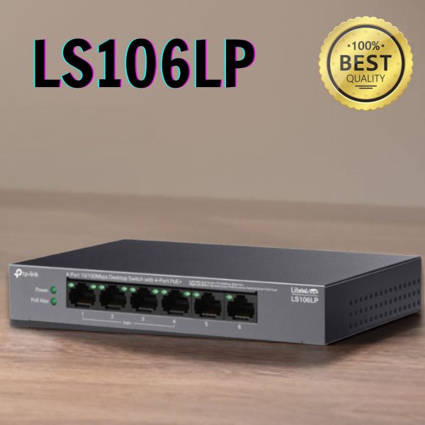 Switch Để Bàn LiteWave 6 cổng 10/100 Mbps với 4 cổng PoE TP-Link LS106LP, Chế độ mở rộng chop truyền PoE 250m, 41 W PoE Nguồn.