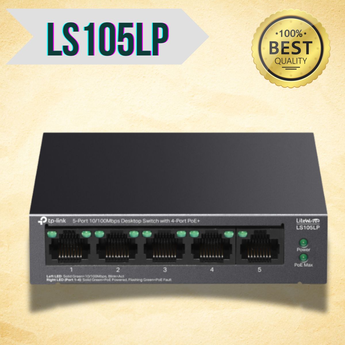 Switch để bàn LiteWave 5 cổng 10/100 Mbps với 4 cổng PoE TP-Link LS105LP, Phục hồi tự động PoE, 41 W PoE Nguồn
