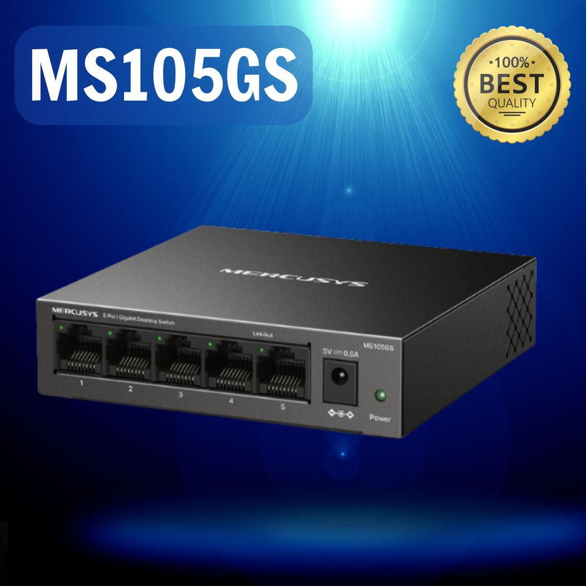 Switch để bàn 5 cổng Gigabit Mercusys MS105GS, Tốc độ: 10/100/1000 Mbps, Cắm là chạy, Tiết kiệm điện năng