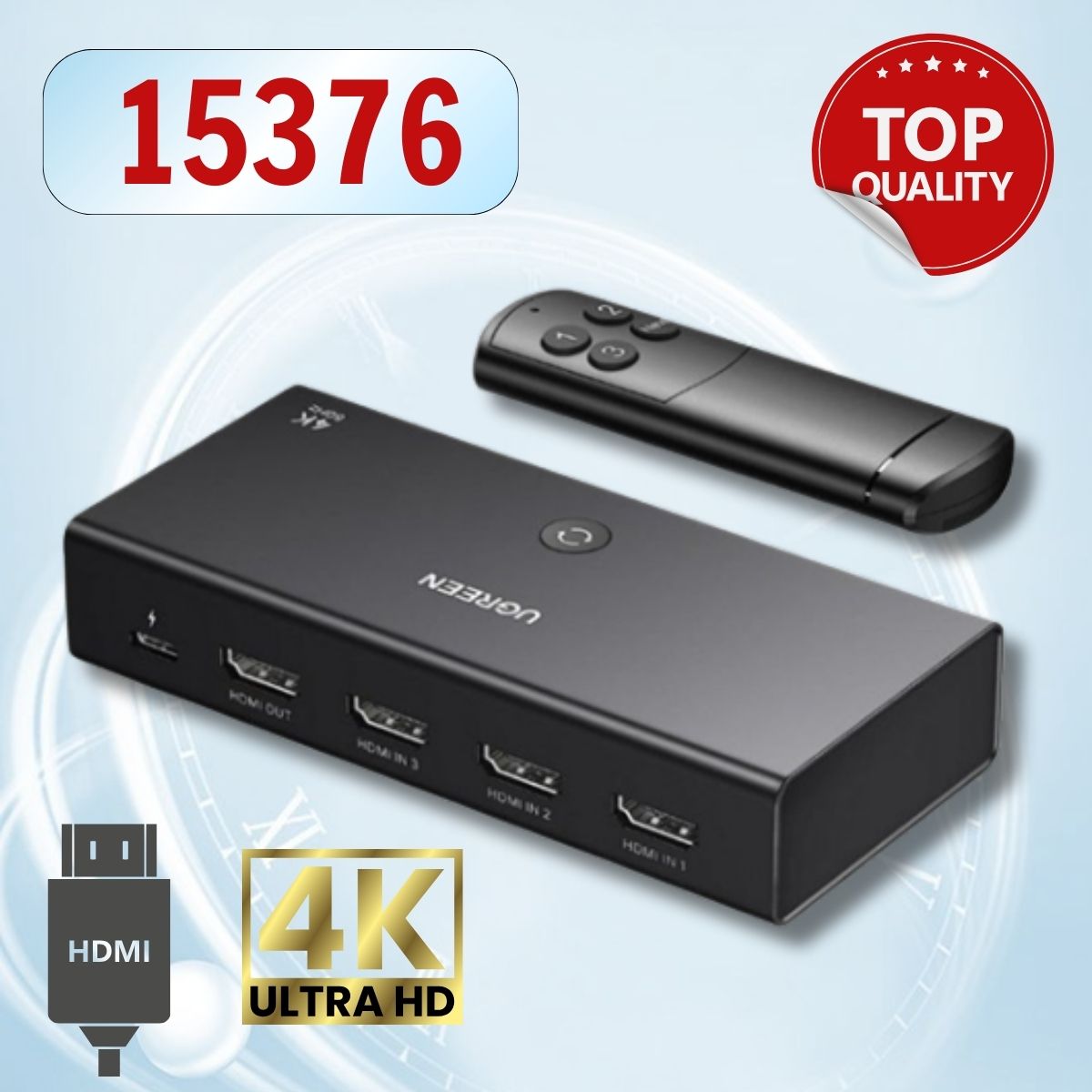 Bộ chuyển HDMI 3 vào 1 ra Ugreen 15376 chuẩn 2.0 hỗ trợ 4K@60Hz 3D CEC HDR HDCP2.2