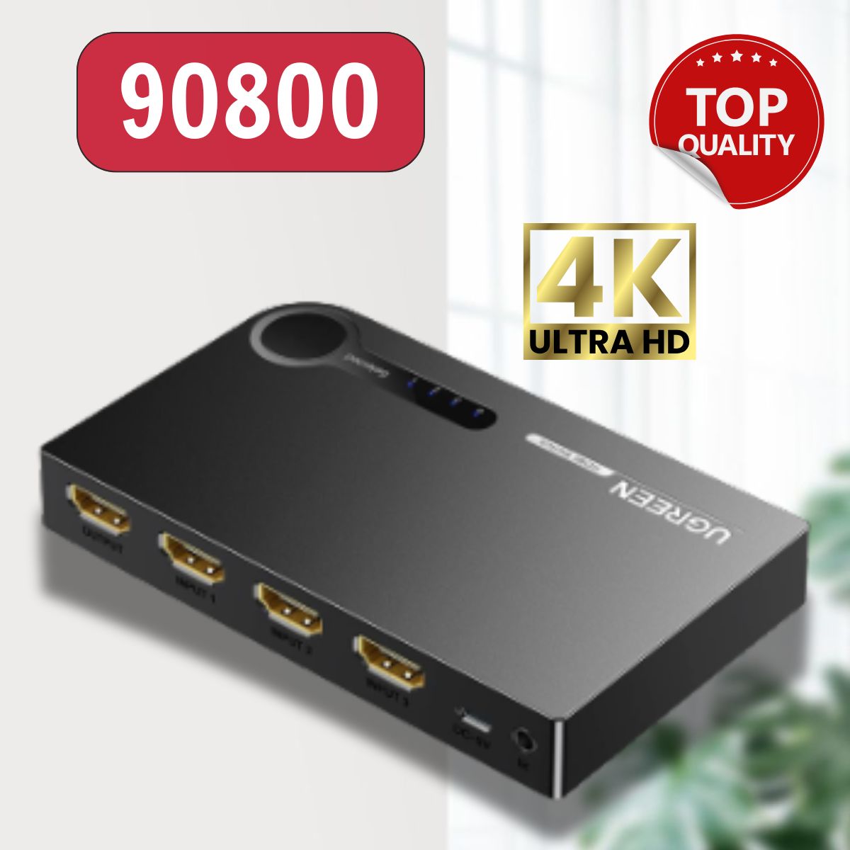 Bộ chuyển HDMI 2.0 3 vào 1 ra Ugreen 90800 4K60Hz; HDMI2.0; Cáp cấp nguồn USB-A sang USB-C 1m + điều khiển từ xa CM598