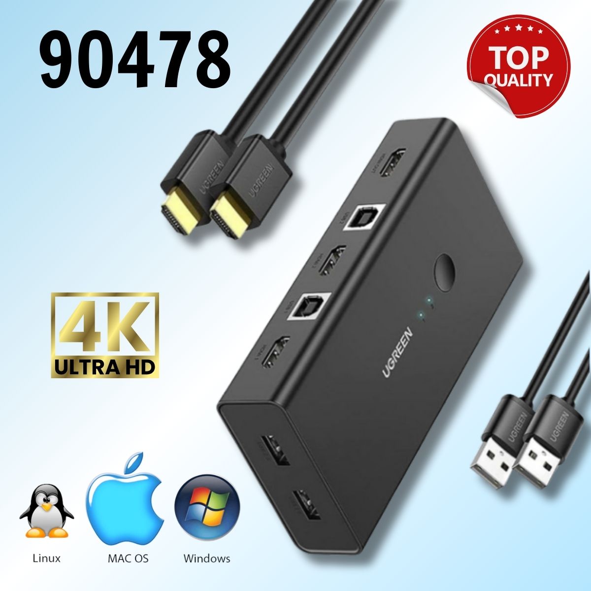 Bộ chuyển tín hiệu 2 CPU Ugreen 90478, Dùng 1 màn hình KVM Switch HDMI 4K@60Hz, USB 2.0