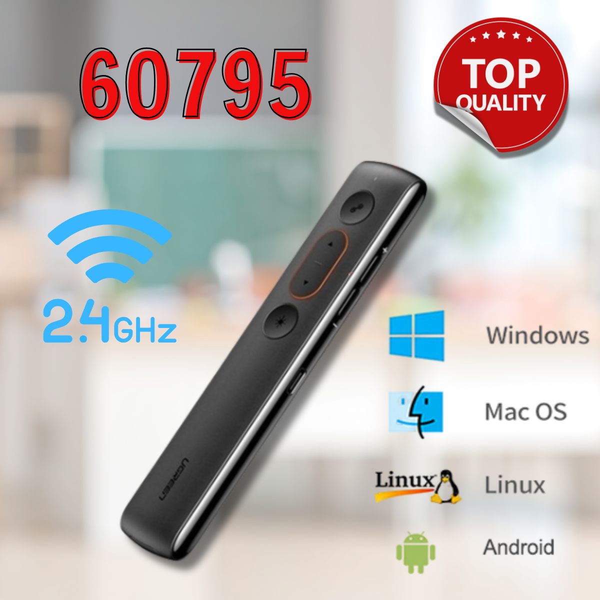 Ugreen 60795 phạm vi 100M pin sạc 300mAh Bút trình chiếu màu đen có đèn laser chiếu xa 200m LP180