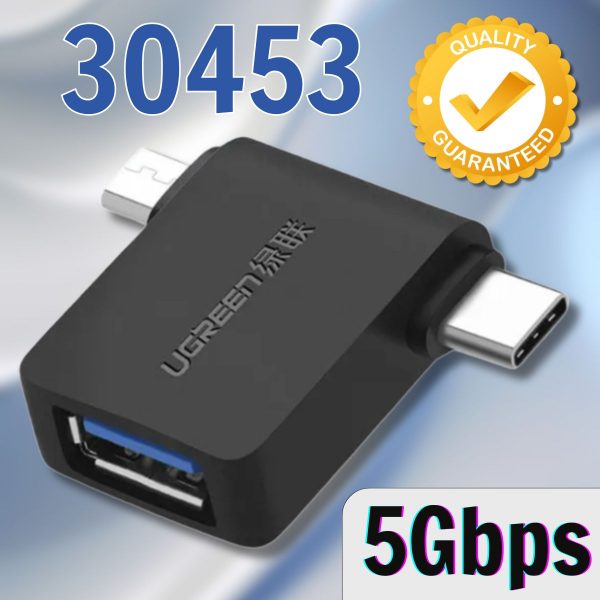 Đầu chuyển USB Type C + Micro USB to USB 3.0 OTG Ugreen 30453 Tốc độ truyền 5Gbps Màu đen