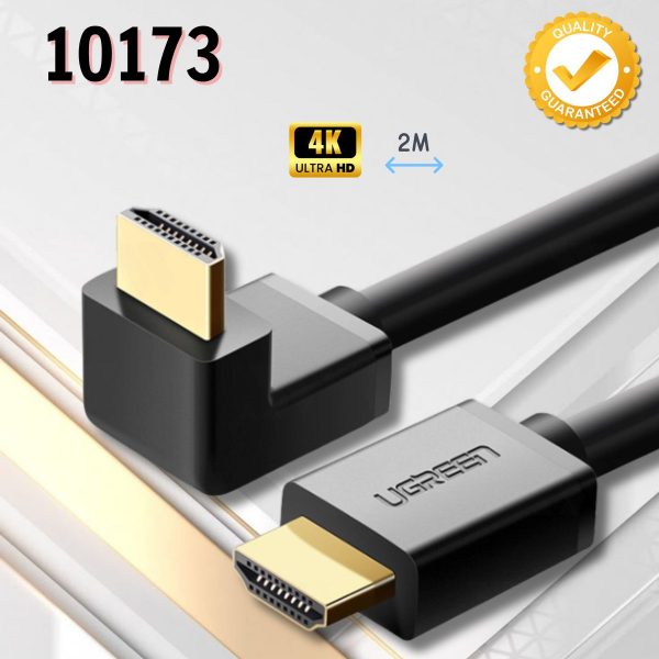 Dây cáp tín hiệu HDMI Ugreen 10173 HD103 Dài 2m, Chuẩn 1.4 đầu bẻ góc 90 độ, Hỗ trợ: 4K*2K, FullHD, 3D