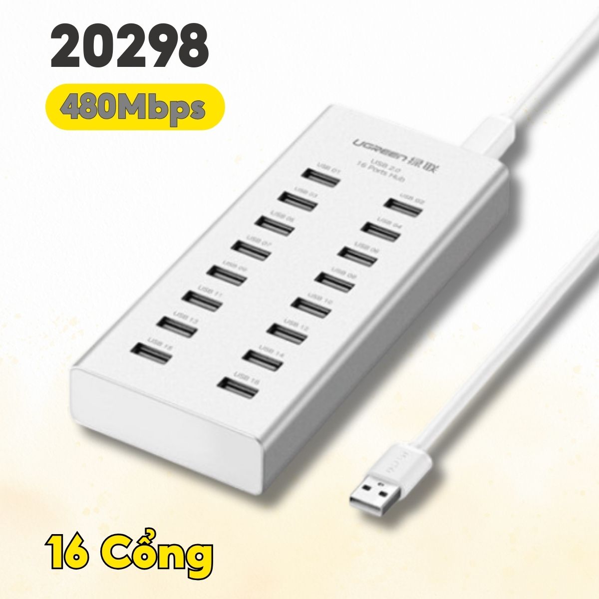Bộ chia USB 2.0 ra 16 cổng Ugreen 20298 480Mbps màu bạc, Hỗ trợ nguồn ngoài DC 12V, Đèn Led báo hiệu