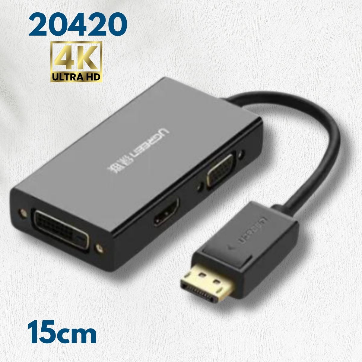 Bộ chuyển đổi DisplayPort sang HDMI + VGA + DVI Ugreen 20420 dài 15cm, Màu đen, Hỗ trợ phân giải 4Kx2K