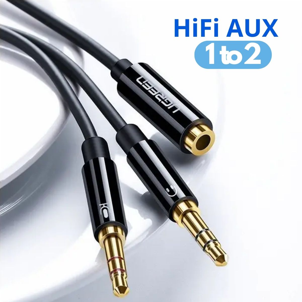 Dây gộp Audio 3.5mm 2 vào 1 ra, Mic và Headphone Ugreen 20898 ABS, màu đen, 20cm, Kết nối mạ vàng 24K
