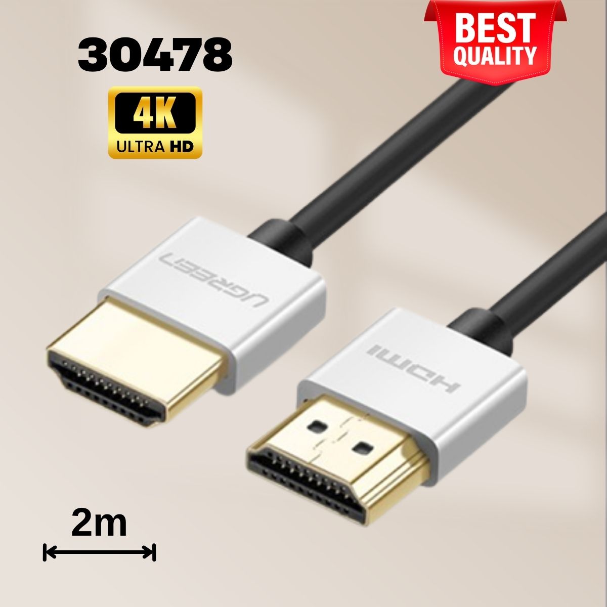 Cáp tín hiệu HDMI chuẩn 2.0 4K@60Hz Ugreen 30478 Sợi siêu nhỏ, 2M màu bạc