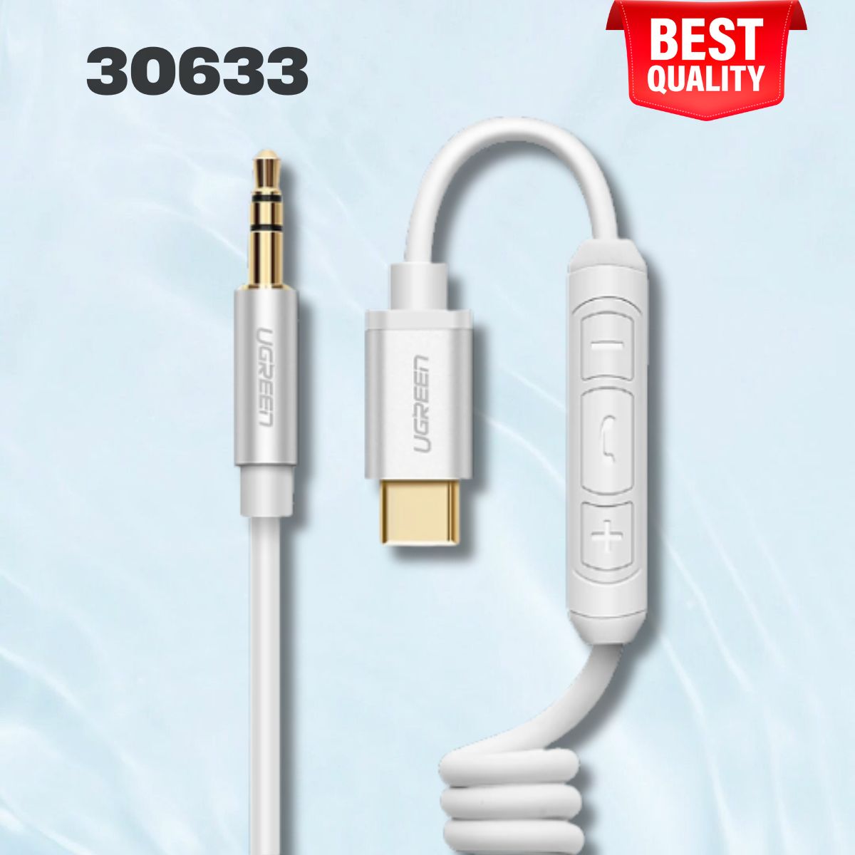 Dây USB Type-C sang 3.5mm Ugreen 30633 AV143 1m dạng xoắn, màu trắng, Đầu nối hợp kim