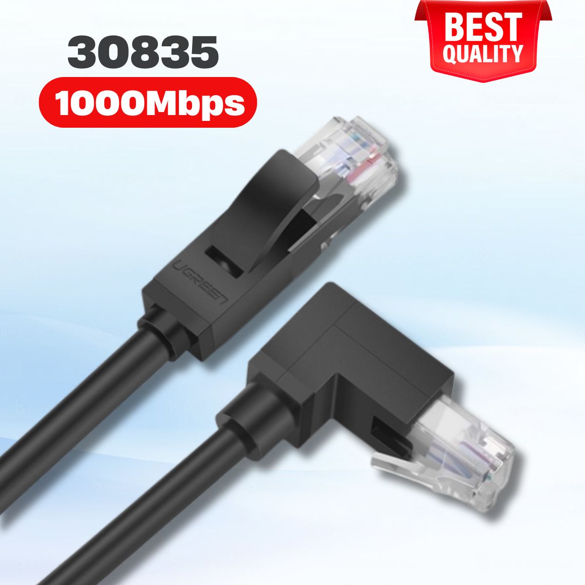 Cáp mạng đúc sẵn Cat6 đầu bẻ góc 90 độ Ugreen 30835 dài 3m dây tròn màu đen, Hiệu suất 250MHz