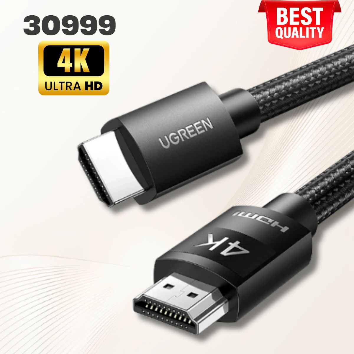 Cáp HDMI 2.0 Ugreen 30999 dài 1m bọc nylon, Hỗ trợ  32 kênh audio, ARC, Độ phân giải 4K@60Hz