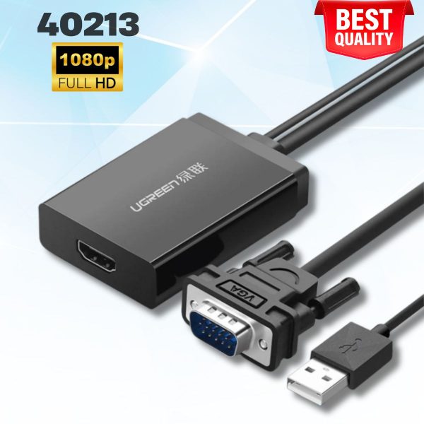 Bộ chuyển đổi VGA to HDMI + Audio Ugreen 40213 dài 50cm, Màu đen, Full HD 1080p@60HZ, Có trợ nguồn