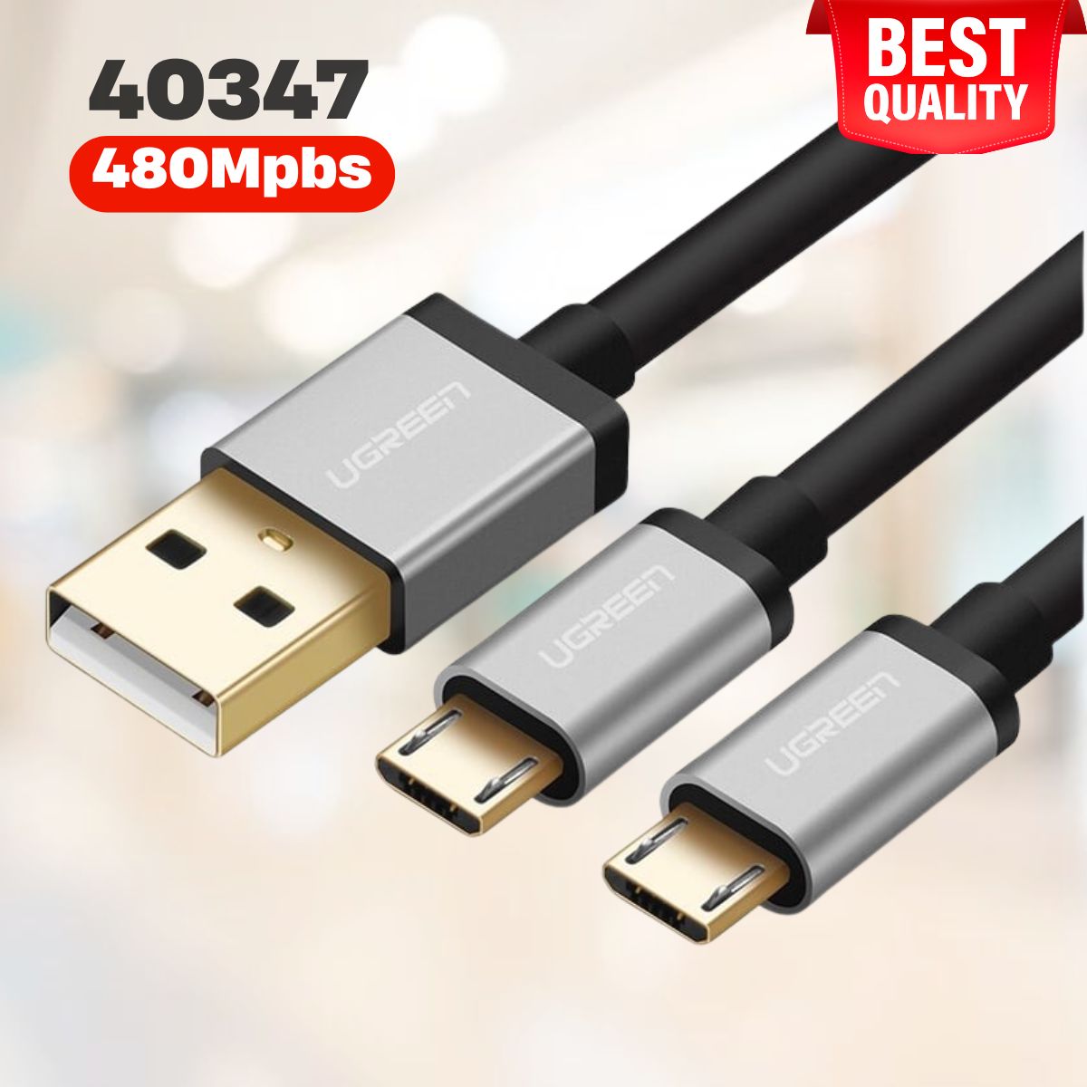 Cáp sạc truyền dữ liệu USB 2.0 sang 2 đầu MICRO USB Ugreen 40347 US196 dài 0,5m màu đen, Tốc độ 480Mpbs, Cắm là chạy