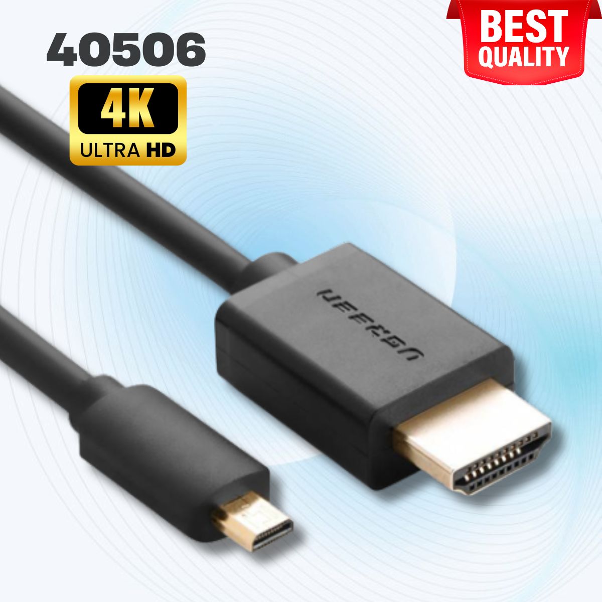 Cáp Micro HDMI to HDMI Ugreen 40506 dài 1m, Màu đen, Hỗ trợ 4K 60Hz, Lõi đồng, Đầu mạ vàng 24K
