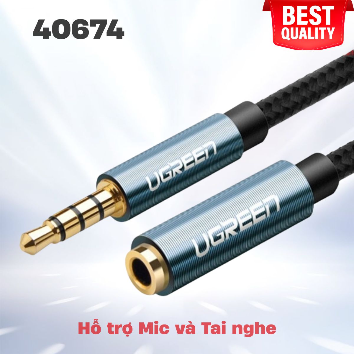 Cáp âm thanh 3.5mm Ugreen 40674 AV118 dài 1,5m, Màu xanh, 3 nấc - Hỗ trợ Mic và Headphone