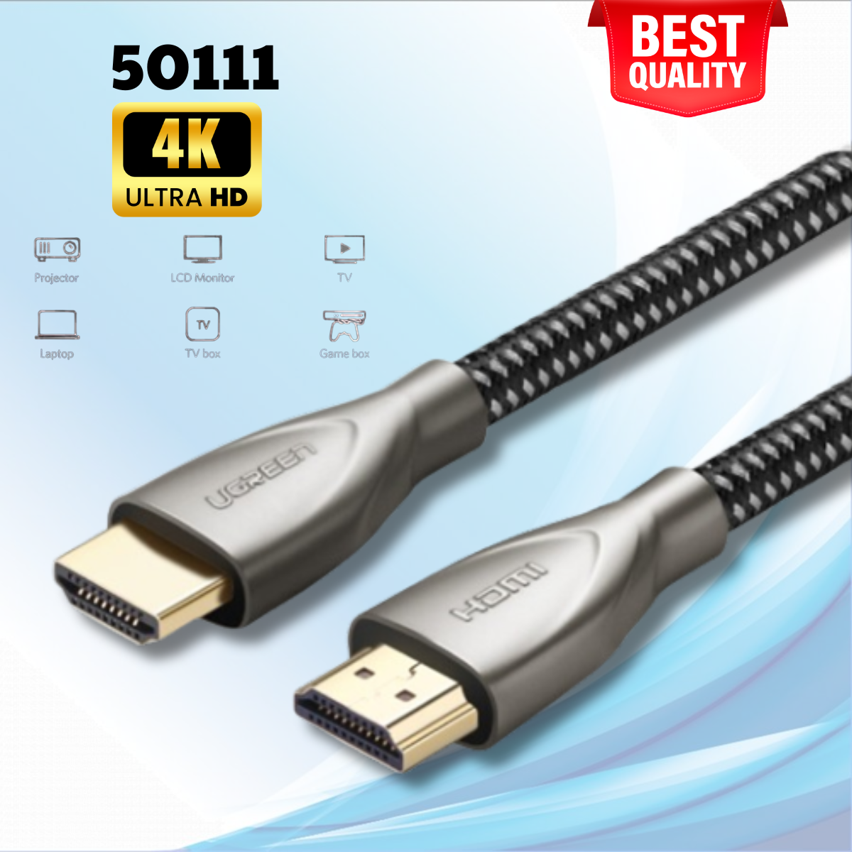 Cáp HDMI 2.0 Carbon dài 8M Ugreen 50111, Độ phân giải 4K@60MHz, Bọc lưới, Đầu hợp kim