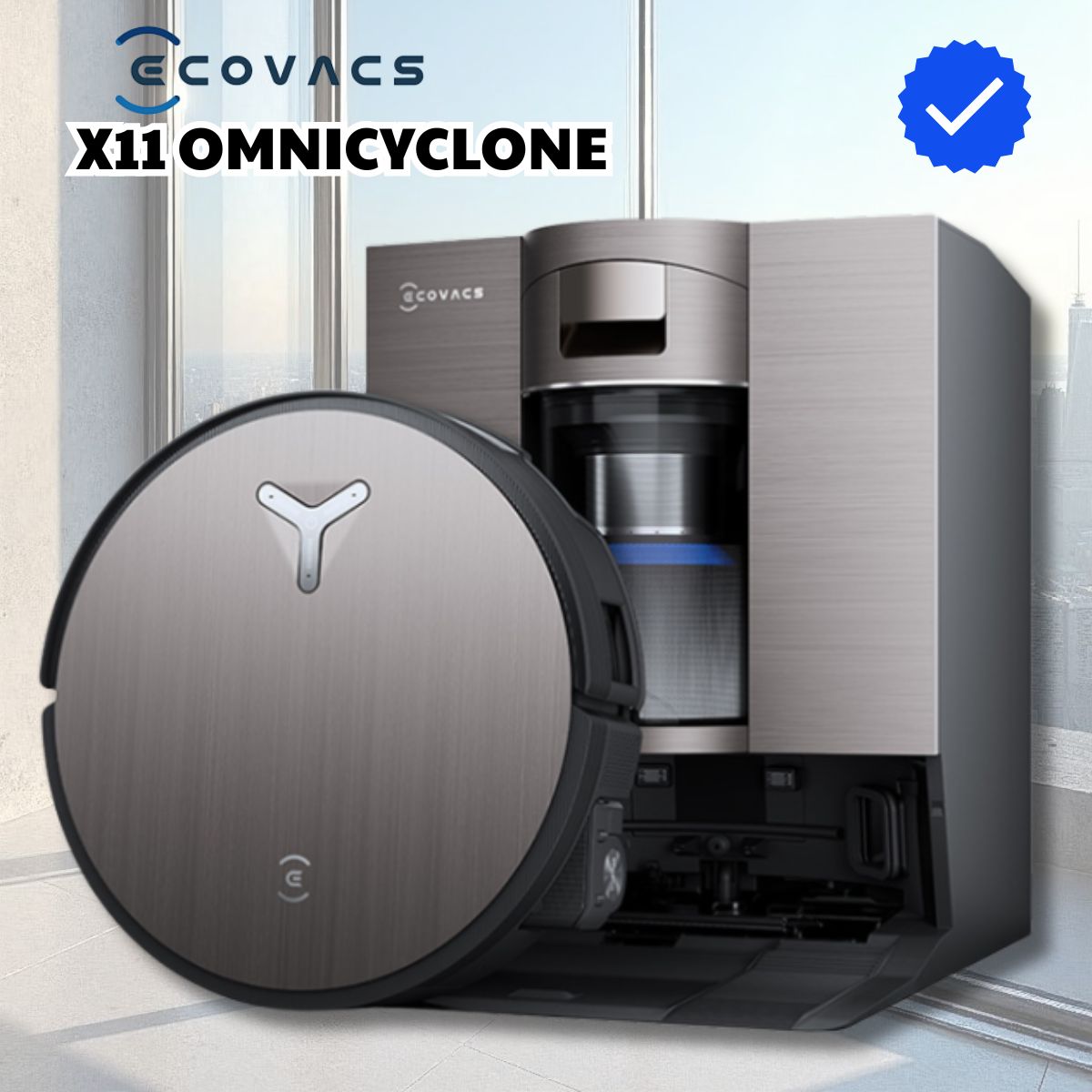 Robot hút bụi lau nhà Ecovacs X11 OmniCyclone Lực hút 19.500Pa, Tự động vệ sinh con lăn, giặt khăn, sấy khô
