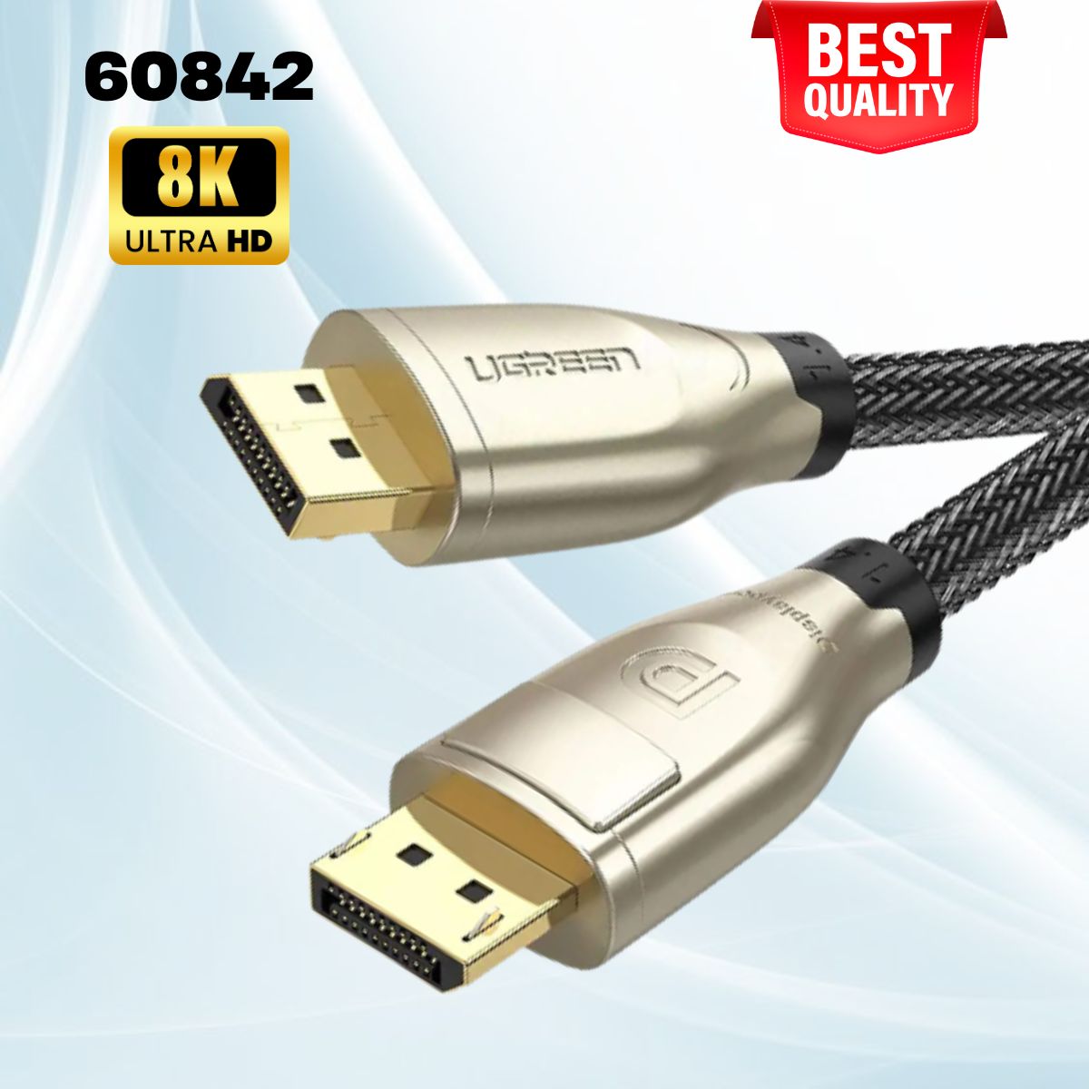 Cáp Displayport 1.4 Ugreen 60842 dài 1m, Hỗ trợ độ phân giải 8K@60Hz, Chống gỉ