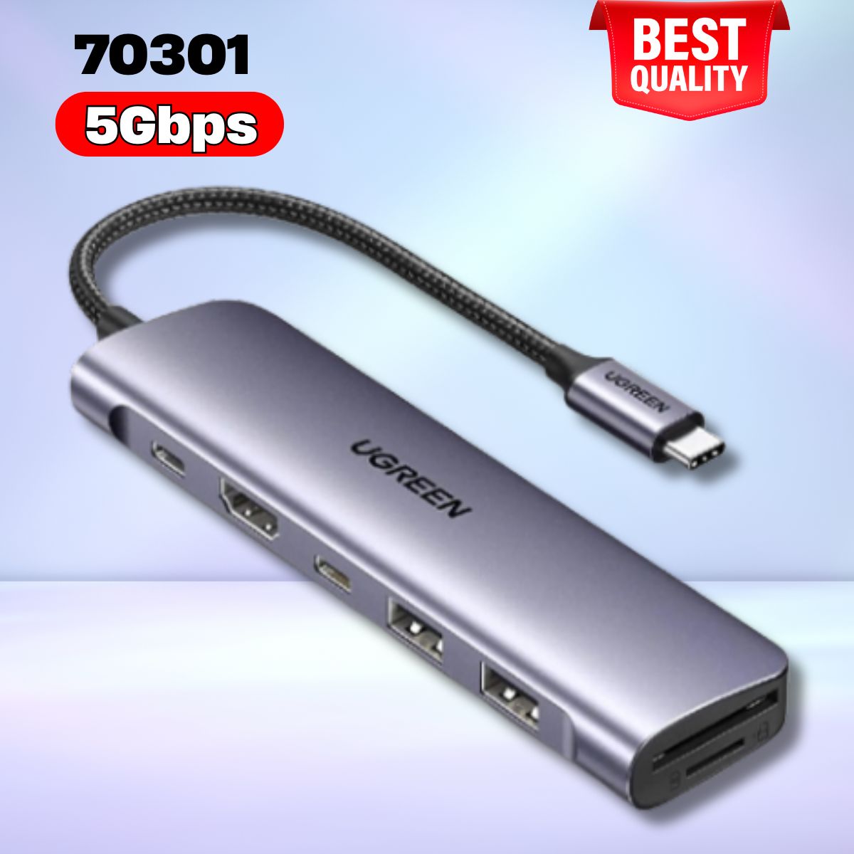 Bộ chuyển Type C to HDMI + VGA + DP + USB 3.0 + Card Reader + Type C Ugreen 70301 Tốc độ 5Gbps