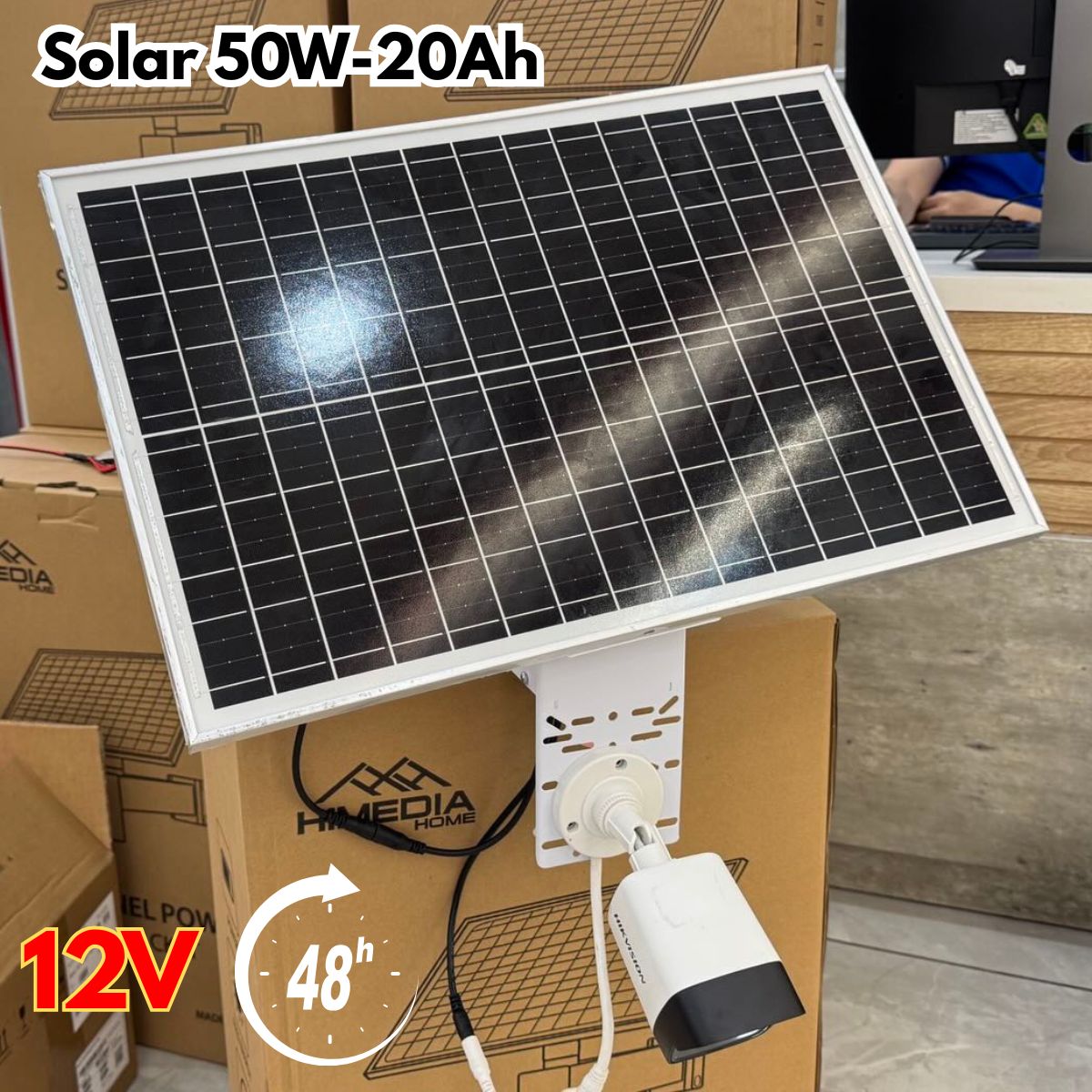 Pin năng lượng mặt trời cho camera solar 50W-20Ah 48h (gắn cùng lúc camera và bộ bắn sóng wifi)