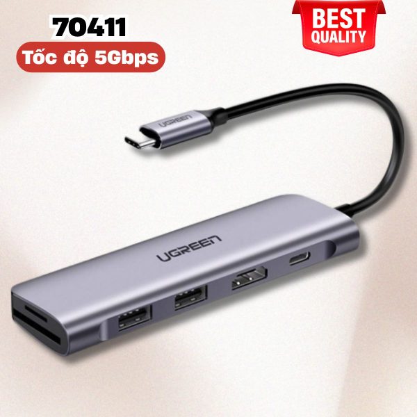 Bộ mở rộng USB type-C to HDMI/Hub USB 3.0/SD/TF Ugreen 70411 Hỗ trợ sạc cổng USB-C, Tốc độ 5Gbps
