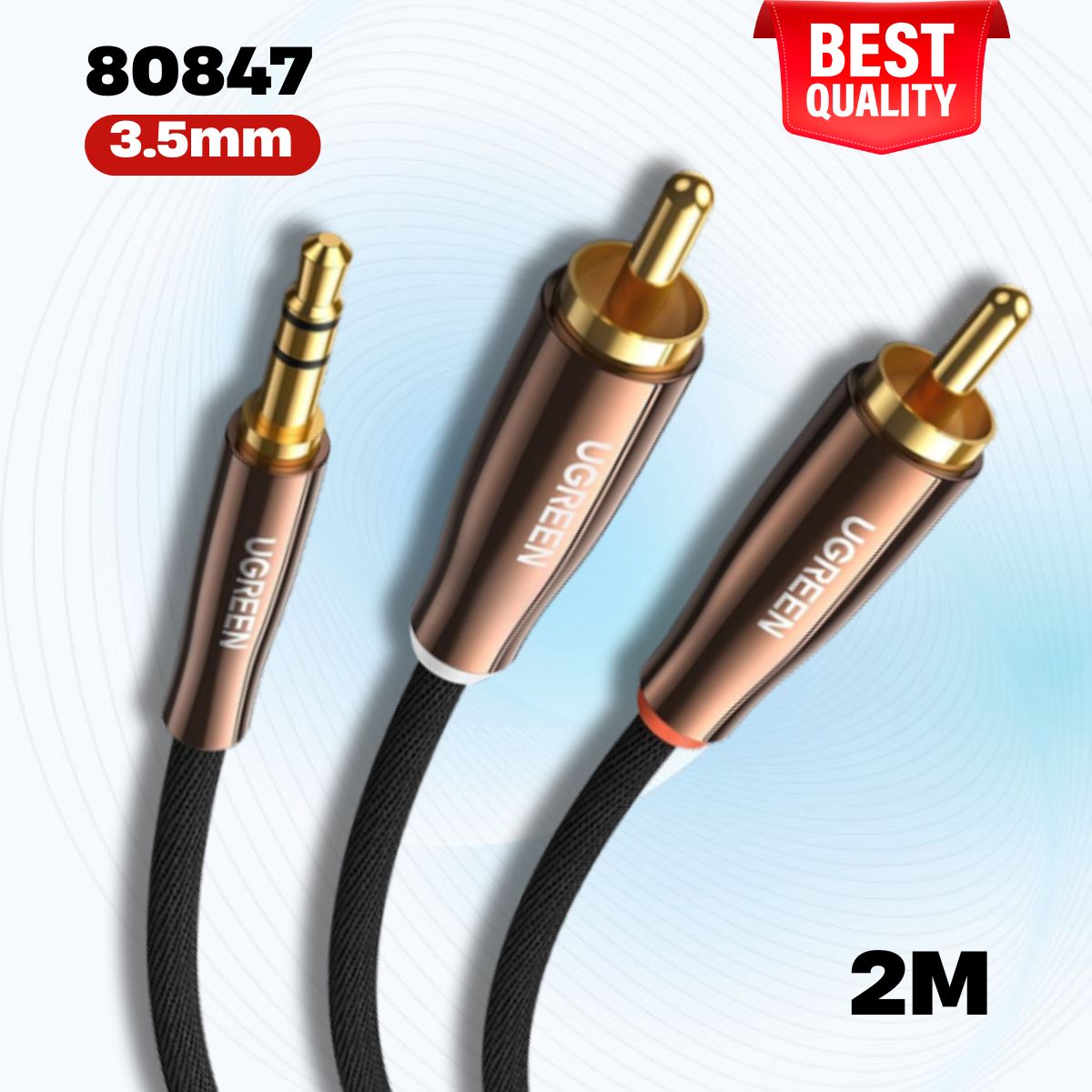 Cáp audio âm thanh 3.5mm ra 2 RCA dài 2M Ugreen 80847, Đầu mạ vàng 24K