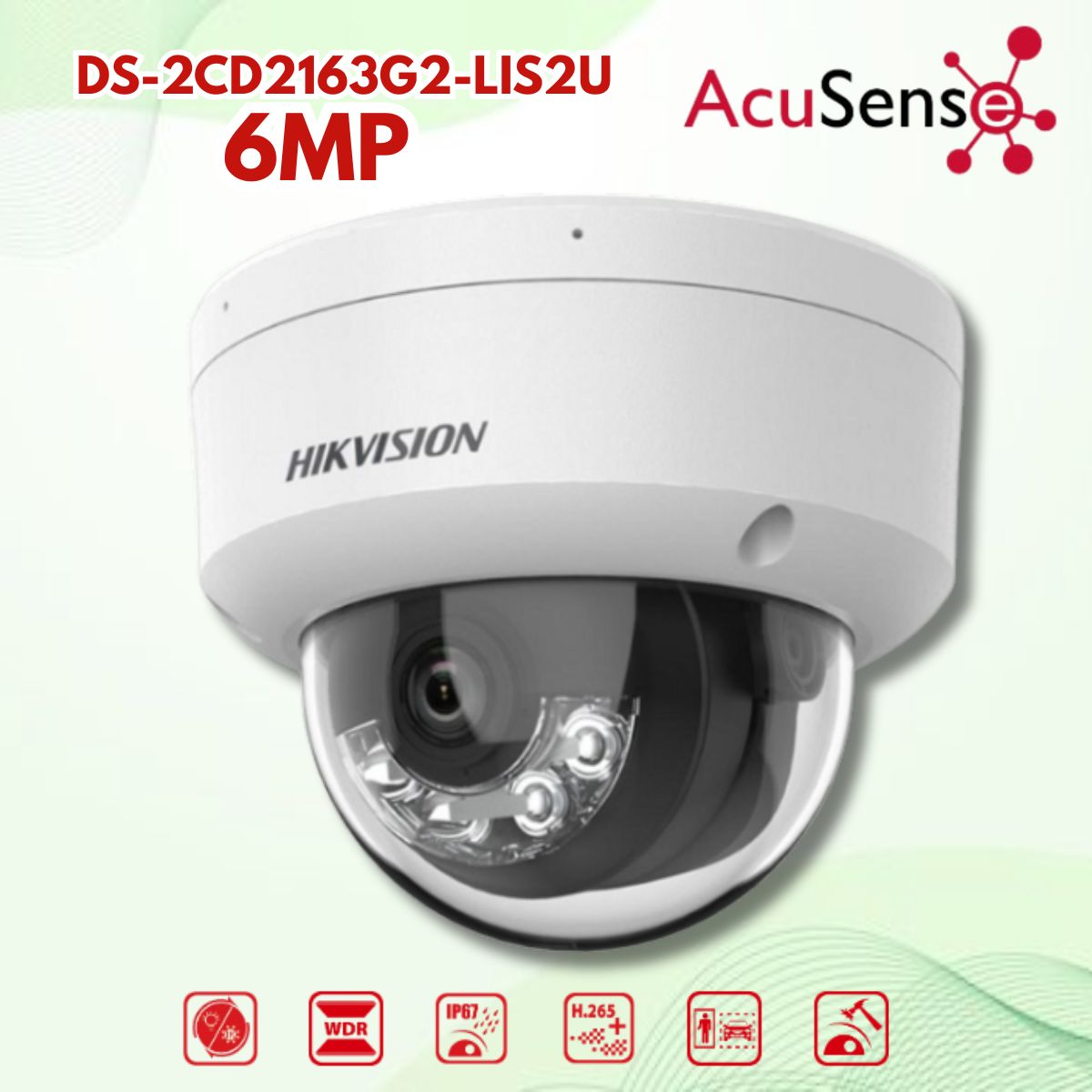 Camera Hikvision DS-2CD2163G2-LIS2U – Dome 6MP, AcuSense Phân loại người & xe, Smart Hybrid Light, Âm thanh hai chiều
