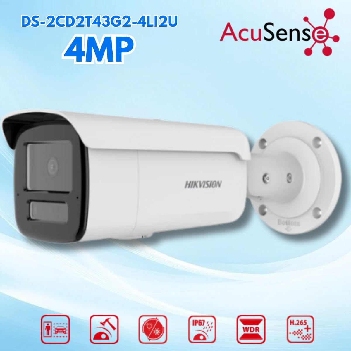 Camera ngoài trời Hikvision DS-2CD2T43G2-4LI2U 4MP, WDR 120 dB Chống ngược sáng, Đèn trợ sáng + IR 80 m