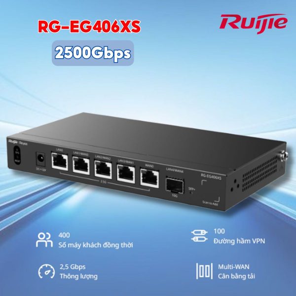 Router Cân bằng tải Ruijie Reyee RG-EG406XS 400 User, Cổng 10G SFP+, Băng thông 2500Gbps, Quản lý từ xa qua Ruijie cloud