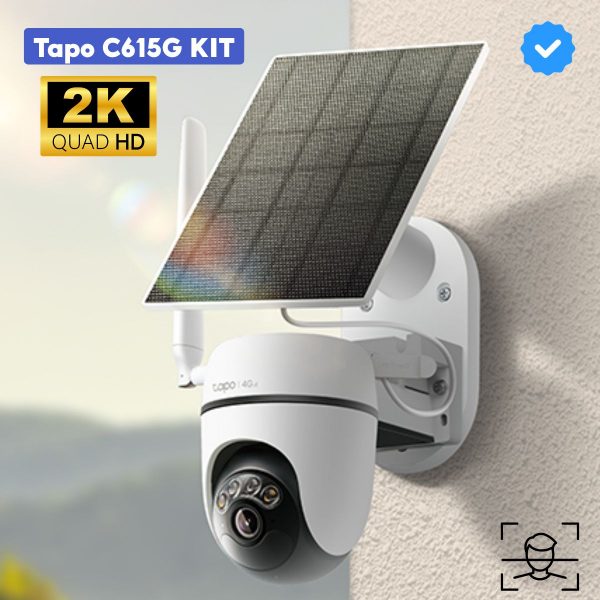 Camera 4G Tapo C615G KIT 2K 3MP Pin mặt trời, Đàm thoại 2 chiều, Theo dõi AI 360°, Đèn & còi cảnh báo