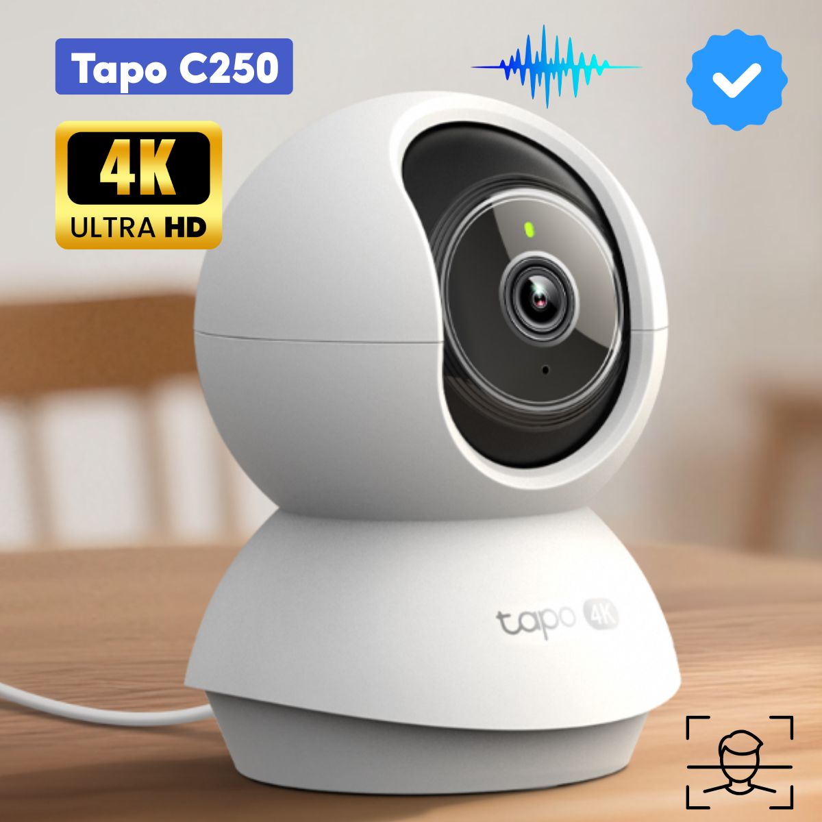Camera Wi-Fi Tapo C250 4K 8MP, Xoay 360 độ, Phát hiện người, xe, tiếng trẻ em khóc, Âm thanh 2 chiều, Hỗ trợ thẻ nhớ up to 512GB