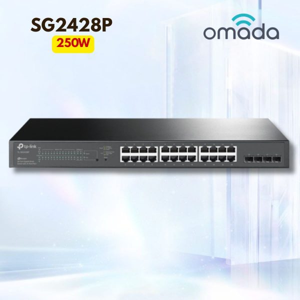 Switch Smart JetStream 28 cổng Gigabit Omada SG2428P Công Suất 250W, 24 cổng PoE+ gigabit , 4 Khe SFP, Managed L2