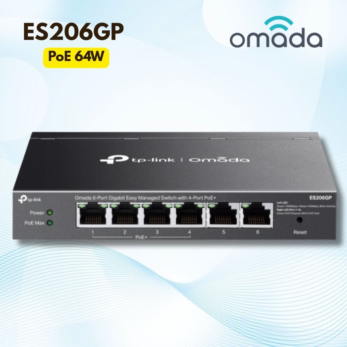 Bộ chuyển mạch 6 cổng Gigabit Omada ES206GP 4× PoE+ Gigabit, 2× Gigabit RJ45, Tối đa 250m, Tự phục hồi PoE, VLAN, IGMP Snooping, QoS