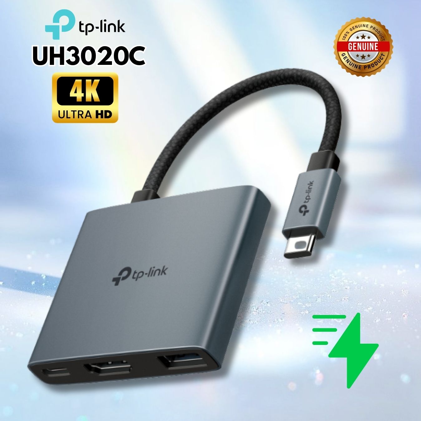 Hub USB-C 3 Trong 1 UH3020C: Xuất Hình 4K@60Hz, Sạc Nhanh 100W, Truyền Dữ Liệu SuperSpeed 5 Gbps