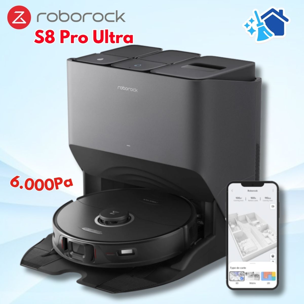 Robot rảnh tay Roborock S8 Pro Ultra, Điều khiển bằng giọng nói, Tự Đổ Rác, Giặt & Sấy Khô Giẻ, Trạm sạc 6 trong 1, Lau giẻ