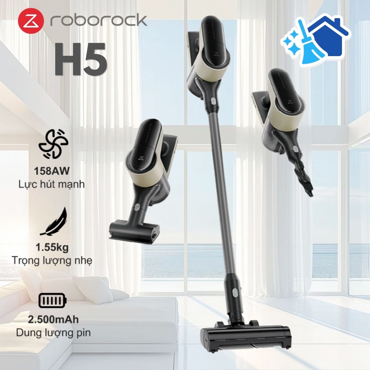 Máy hút bụi cầm tay không dây Roborock H5 Lực hút 158AW, Lọc 5 Giai đoạn 99.997%, Pin 60 phút & Tự động tăng cường lực hút, Hệ thống 9-Cyclone