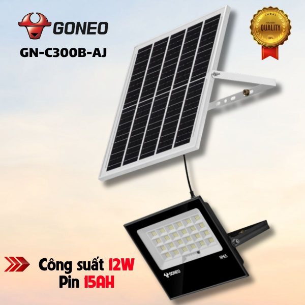 Đèn pha năng Năng Lượng Mặt Trời GONEO GN-C300B-AJ Công suất 12W, Hiệu suất 130 Lm/W, Pin LiFePO4 15Ah, Hoạt động liên tục 24h
