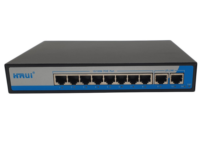 Switch PoE 8 Port HRUI HR901-AF-82N tốc độ 10/100M, 2 Uplink, công suất tổng 150W, Led hiển thị