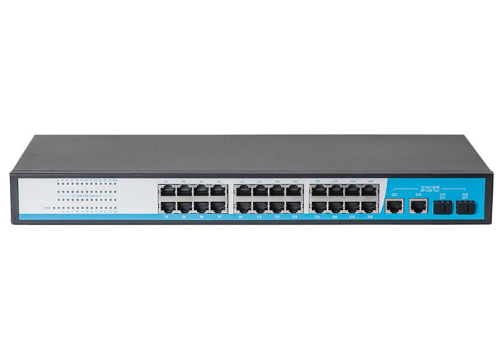Switch PoE 24 Port HR901-AF-2422S tốc độ 10/100M, 2 Uplink Ethernet, 2 Uplink SFP, công suất tổng 400W, Led hiển thị
